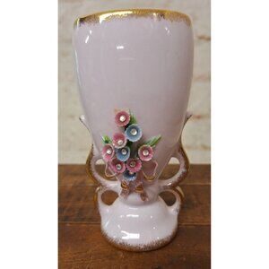 Lefton 6" Vase Pink & Gold Porcelain Floral & Rhinestones Tag on Bottom